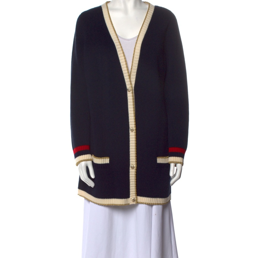 Women's Navy Cardigan Sweater with Red and Cream Accents